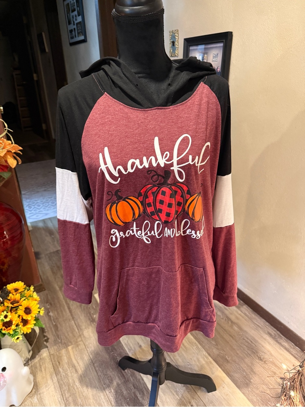 Source Unknown Burgundy, Black & White "Thankful" Pullover Hoodie